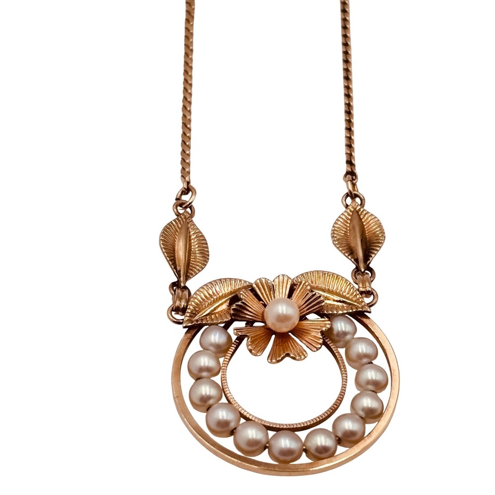 Van Dell Vintage 12K‎ Gold Filled Cultured Pearl Floral Circle Necklace 15 Inch